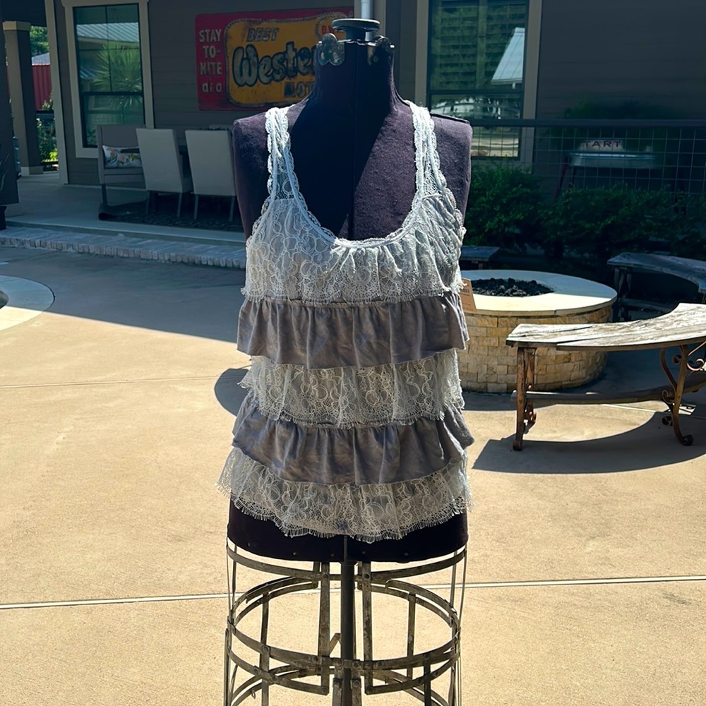 Gray and cream knit tank top with layering of lace and knit materials front